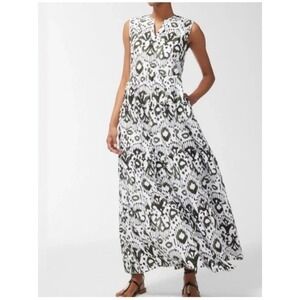 Chico's Pima‎ Cotton Tiered Green IKat Print Sleeveless MIDI  Dress. Sz 6 NWOT